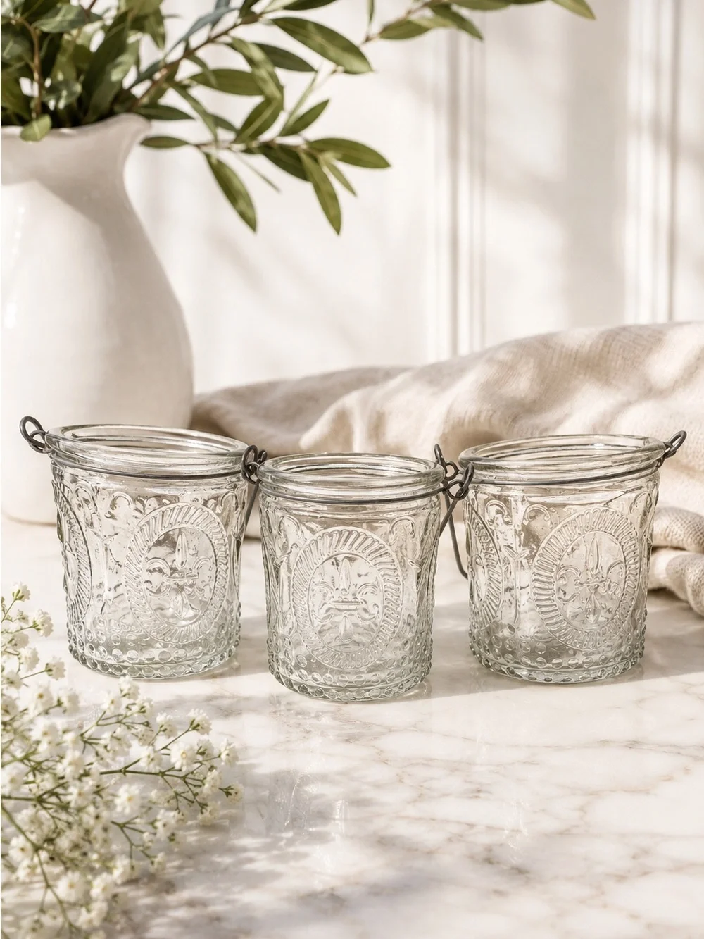 Set of 3 Fleur de Lis Glass Votive Candle Holders French Cottage Farmhouse